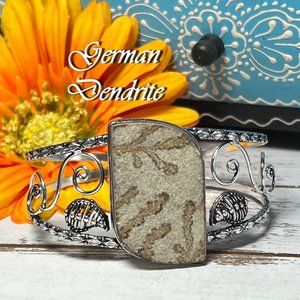German Dendrite Cuff Bangle Bracelet Handmade Stone 925 Silver Large Bohemian